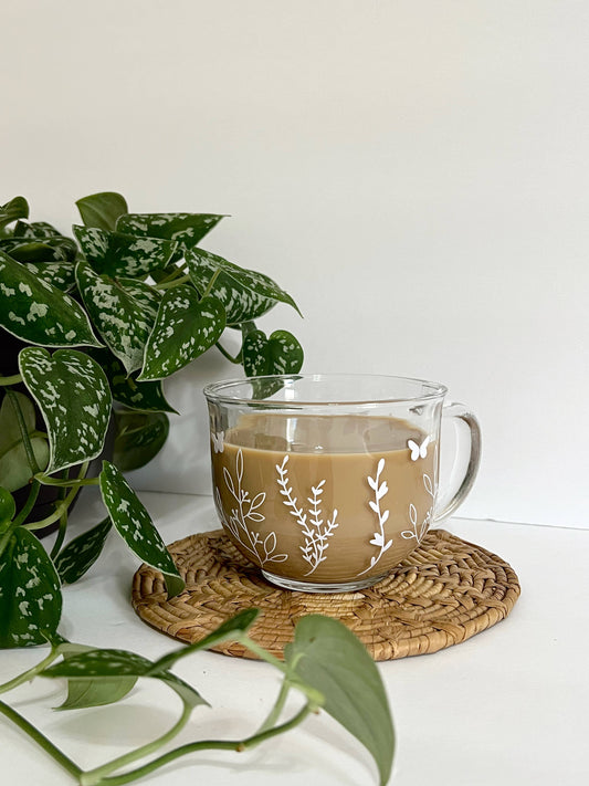 Tasse à café en verre inspiration jardin. Créatrice : « Birdie&co »